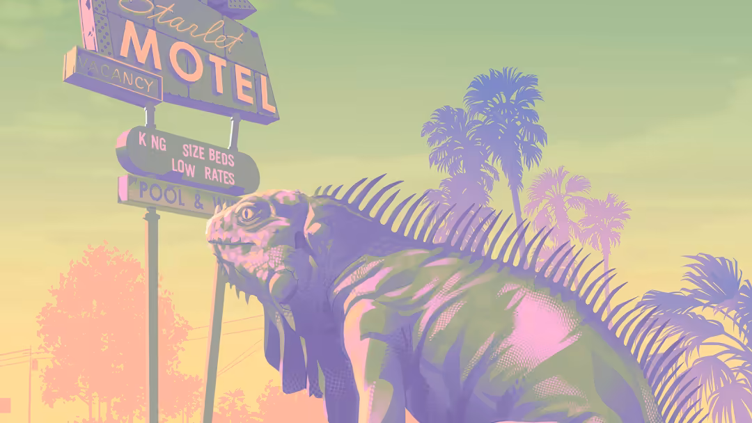 Surreal neon-colored dinosaur skeleton in front of retro motel sign with palm trees against vibrant yellow-green sky