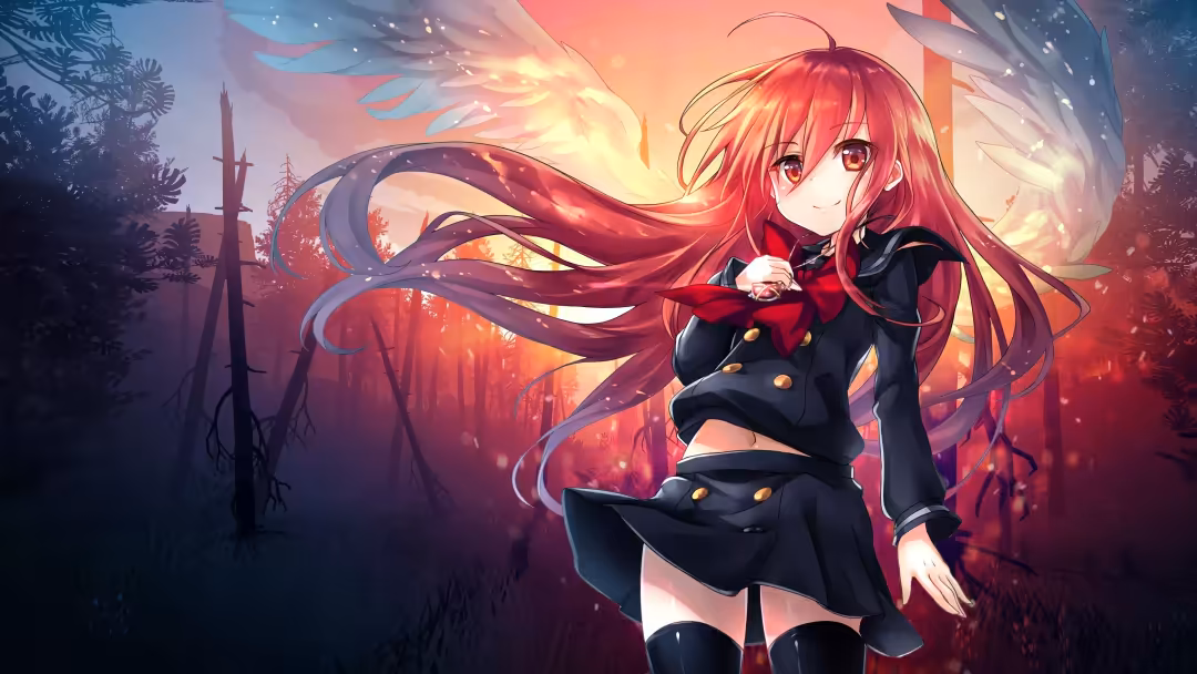 anime character with long crimson hair and red eyes wears a black military-style jacket against a warm sunset sky with…