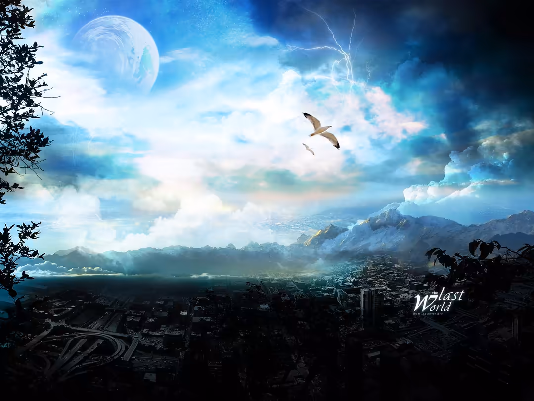 Futuristic cityscape below a giant moon with lightning storm and mountains, dramatic blue and teal lighting with flying birds