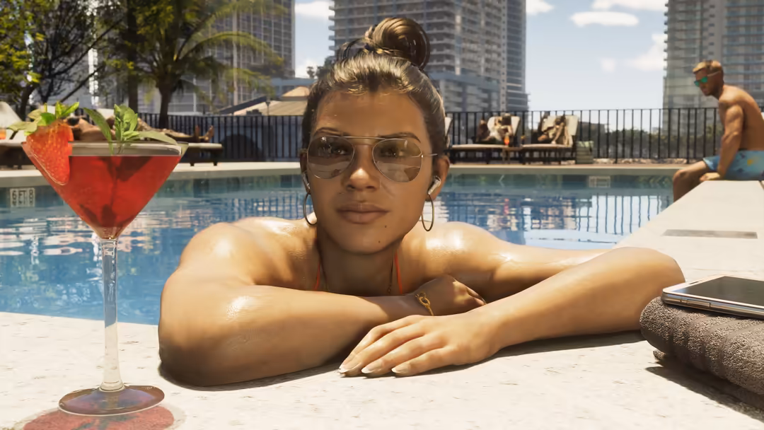 Woman in sunglasses relaxing poolside at luxury high-rise with cocktail, city skyline backdrop