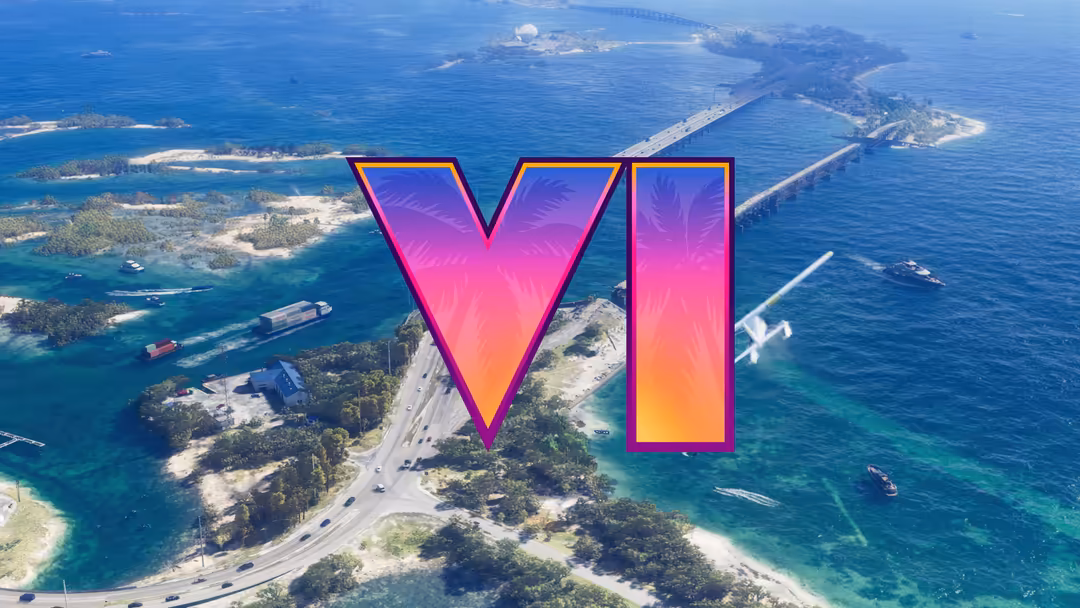 Aerial view of tropical islands connected by highways with neon pink and purple gradient letters overlaid on turquoise ocean
