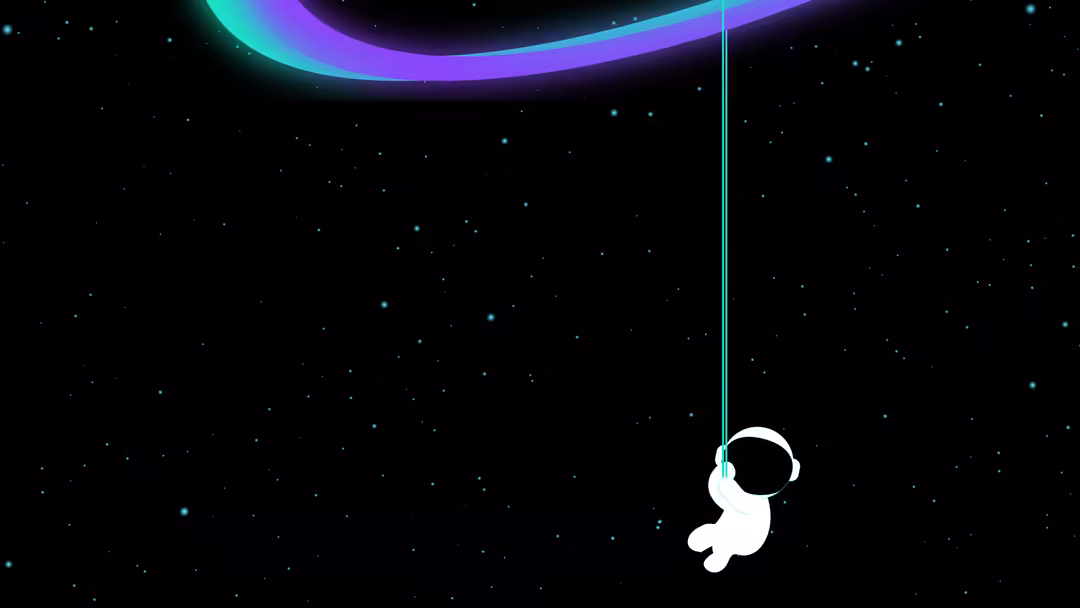A cute white astronaut floating in dark space, tethered by a glowing cyan and purple rope, surrounded by twinkling stars and
