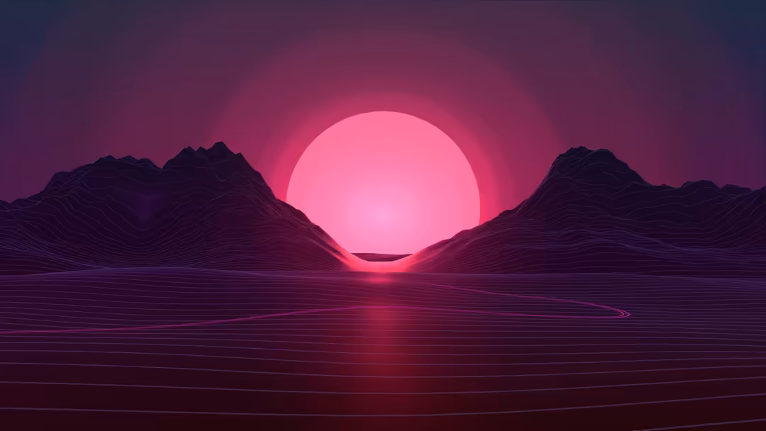 Synthwave neon landscape with glowing pink sun setting between grid‑lined mountains in deep purple and magenta tones, retro futuristic wallpaper