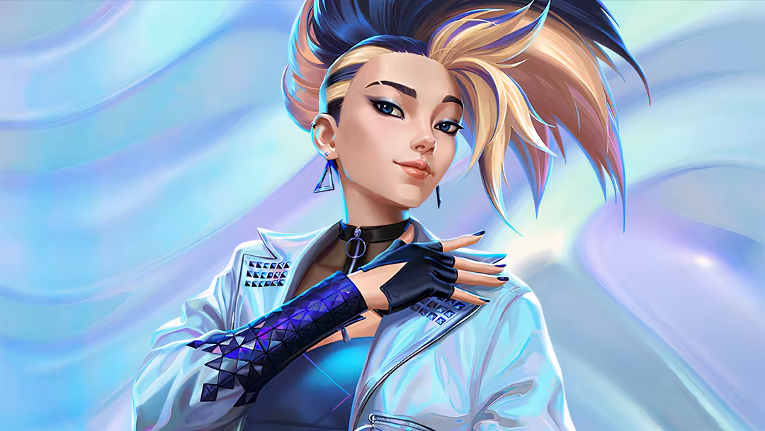 Stylized anime character Akali with short blonde and dark hair, wearing futuristic cyberpunk outfit with iridescent jacket an
