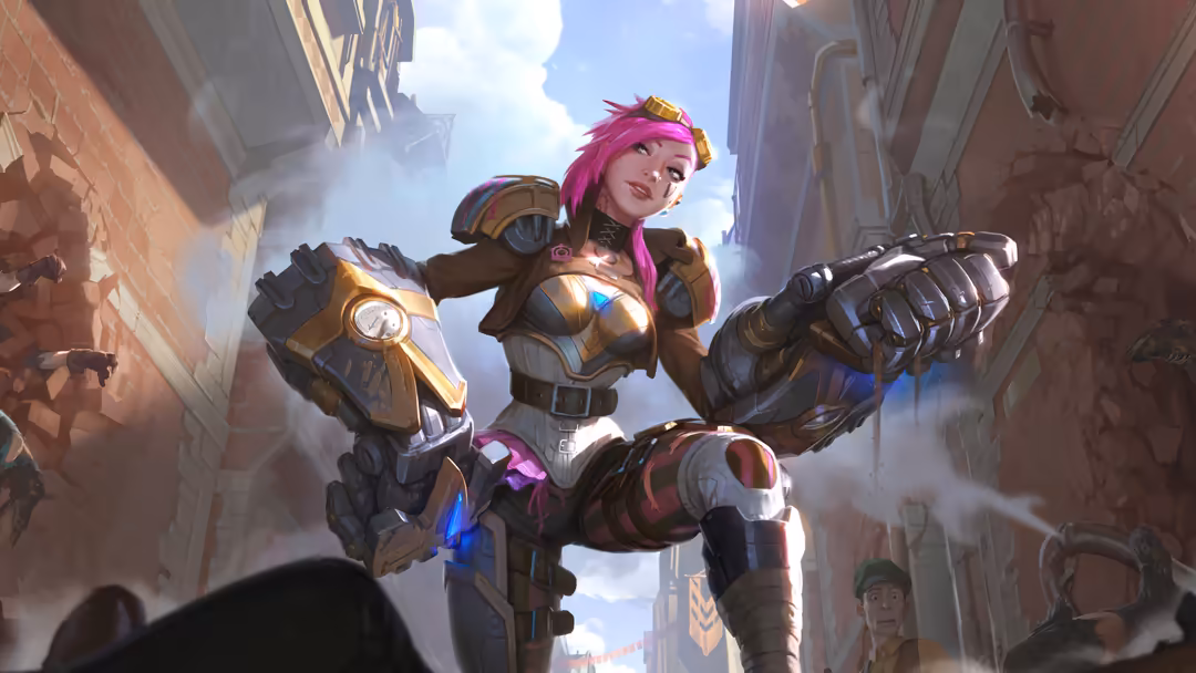 Pink-haired warrior in golden-blue armor with glowing gauntlets standing confidently in an urban street setting with dramatic
