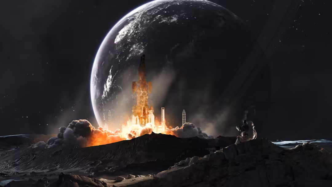 Massive explosion erupts from moon surface with colossal planet looming above, scattered debris and cosmic destruction in sta