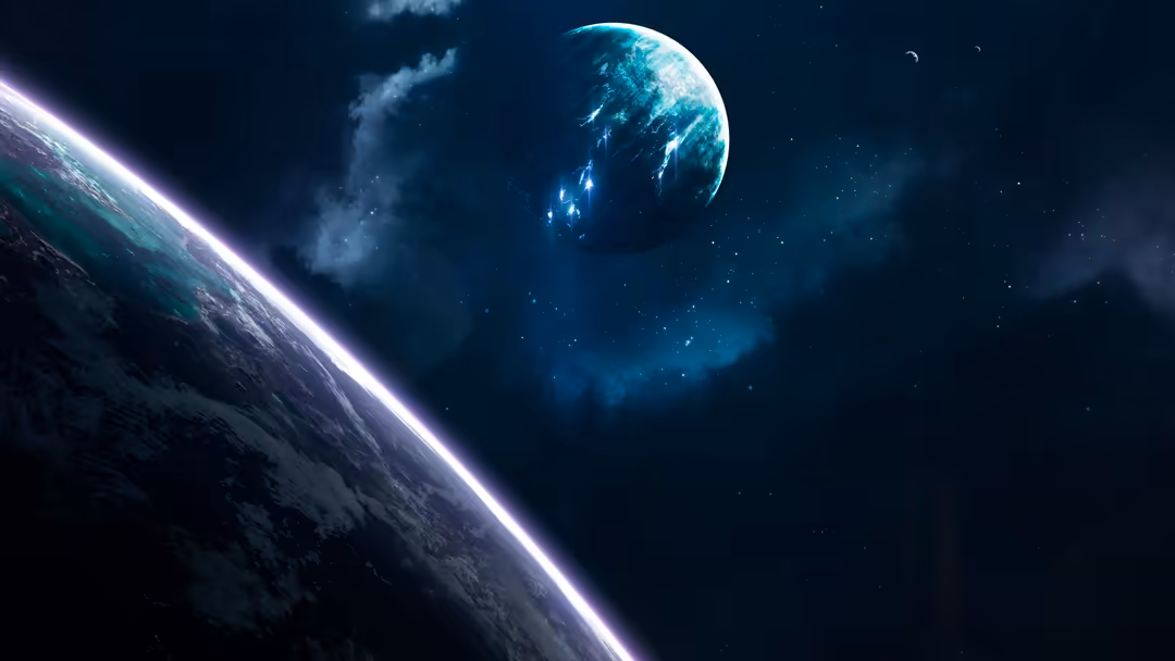 Two glowing planets in deep space with bright cosmic energy beams, stars, and nebula clouds in dark starfield