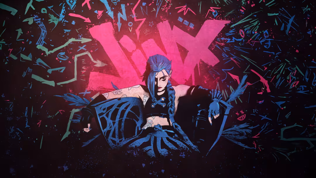 Cyberpunk character Jinx with neon pink VFX lettering, blue braided hair, dark outfit, surrounded by glowing blue graffiti el