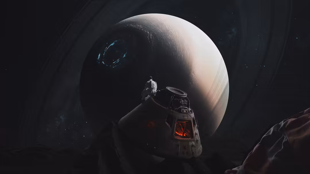 Astronaut in spacesuit floating near a massive ringed planet in deep space with stars and cosmic debris visible
