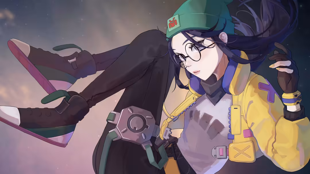 Animated Killjoy from Valorant wearing yellow tactical gear, green cap, and glasses against a purple-pink gradient sky backgr