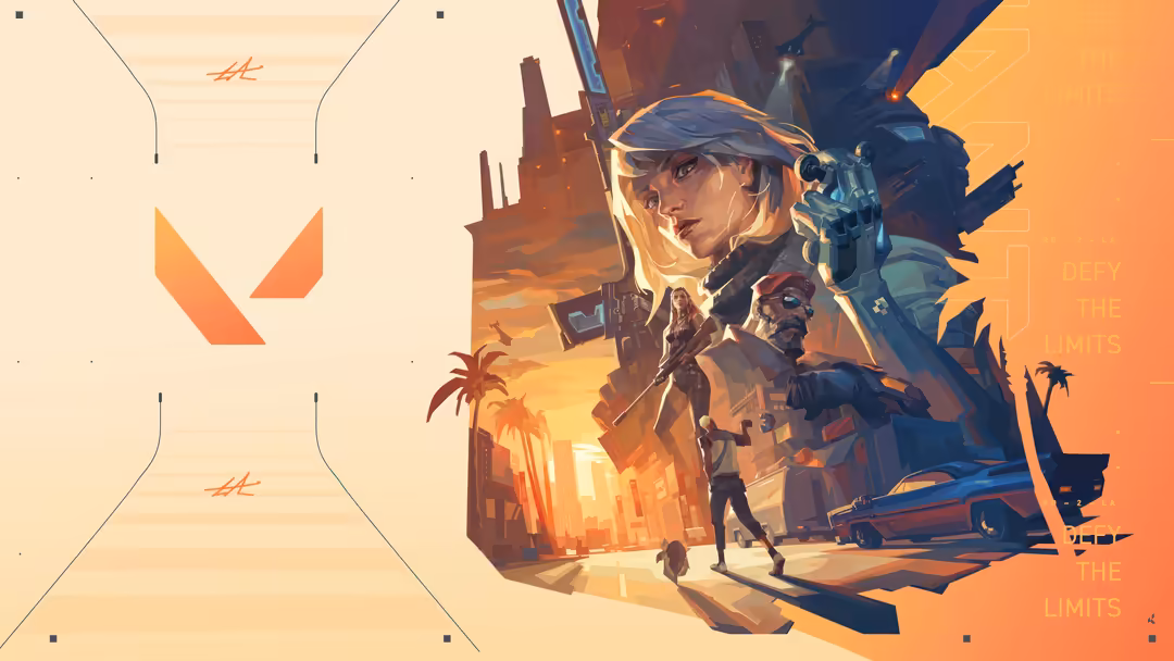 Valorant Episode 7 Act 2 promotional art featuring armed agents in desert cityscape with orange sunset lighting and tactical