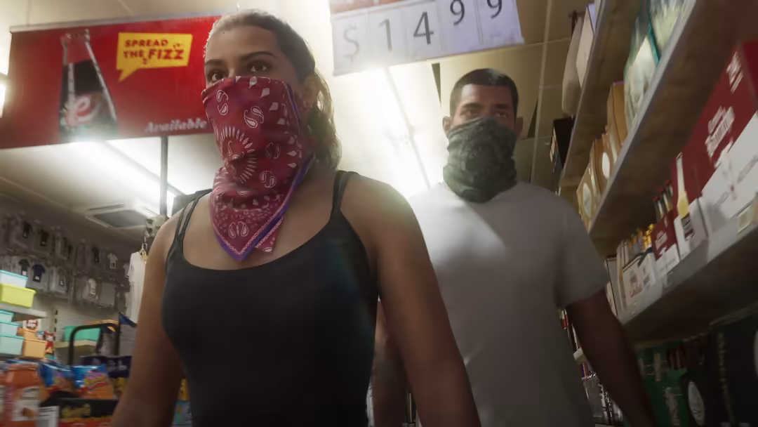 Two masked figures in a convenience store setting with bright overhead lighting, neon signs, and shelves of products in the b