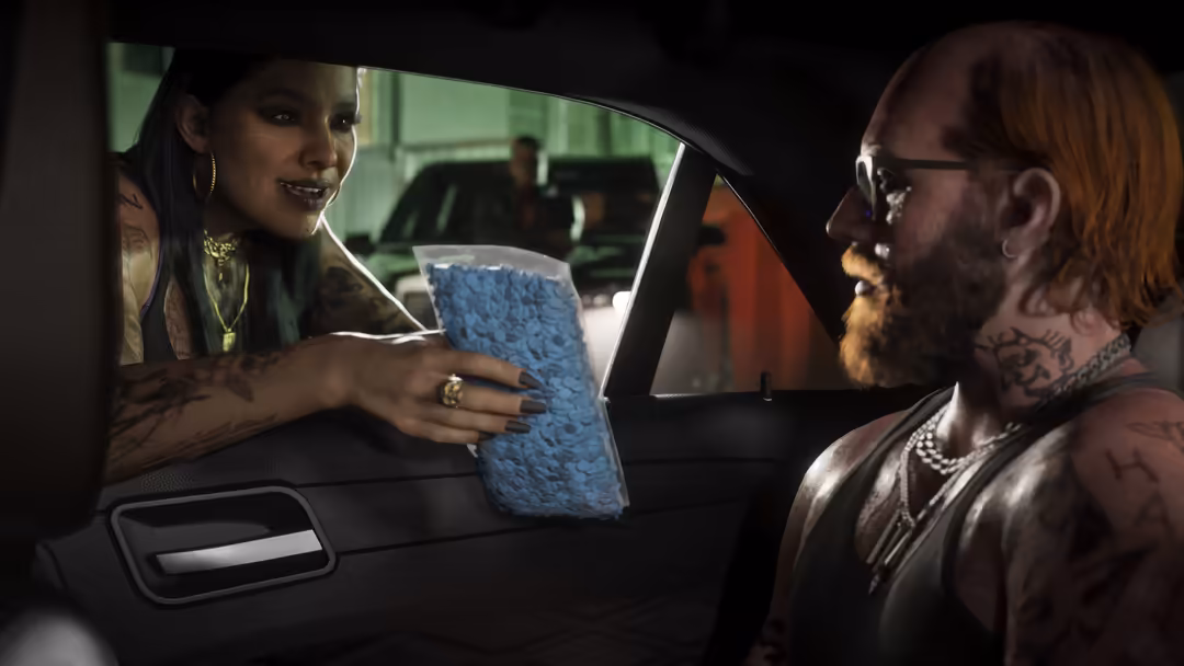 Two characters interact at a car window during a street transaction in a gritty urban setting with detailed character designs