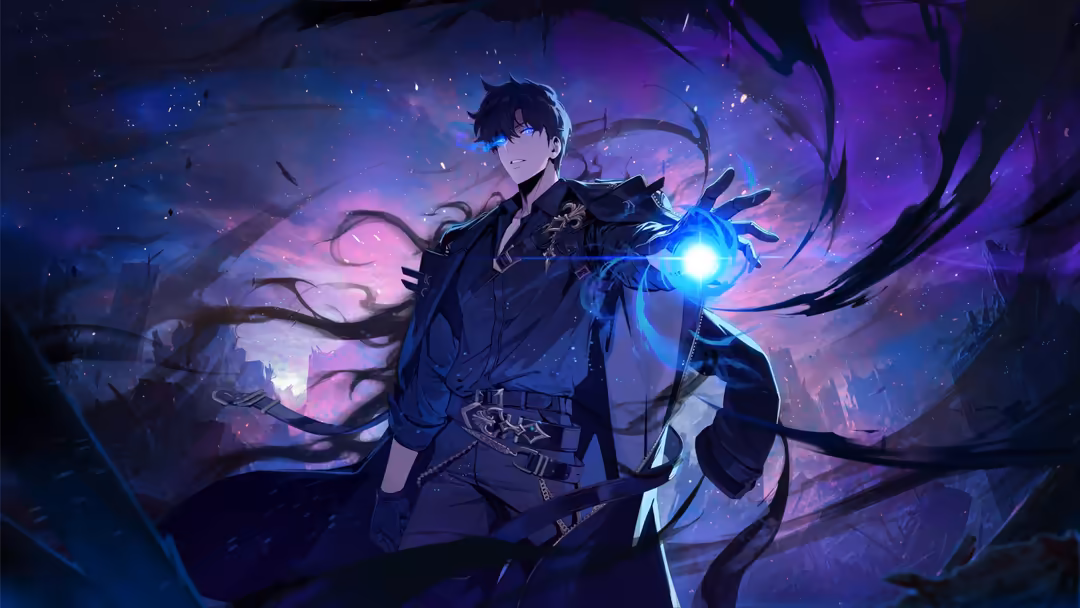 Sung Jinwoo in dark outfit with glowing blue magical energy, surrounded by purple mystical aura and swirling dark tendrils in