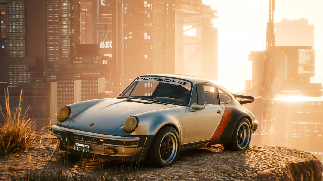 Vintage Porsche sports car with red and white livery parked in cyberpunk cityscape with golden sunset and futuristic skyscrap
