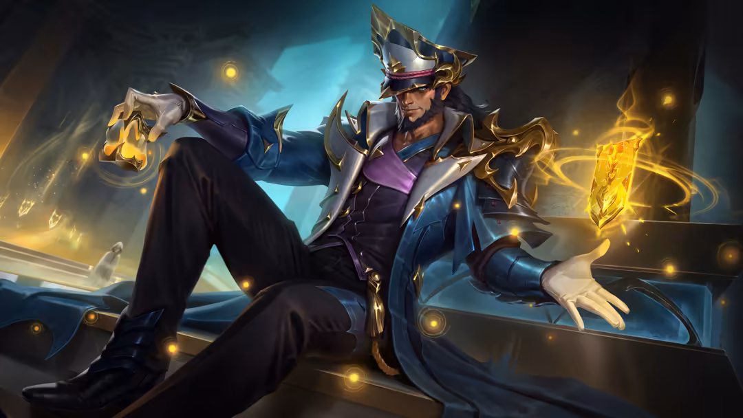 Twisted Fate card master in blue and gold armor wielding magical cards with glowing yellow energy effects against a mystical