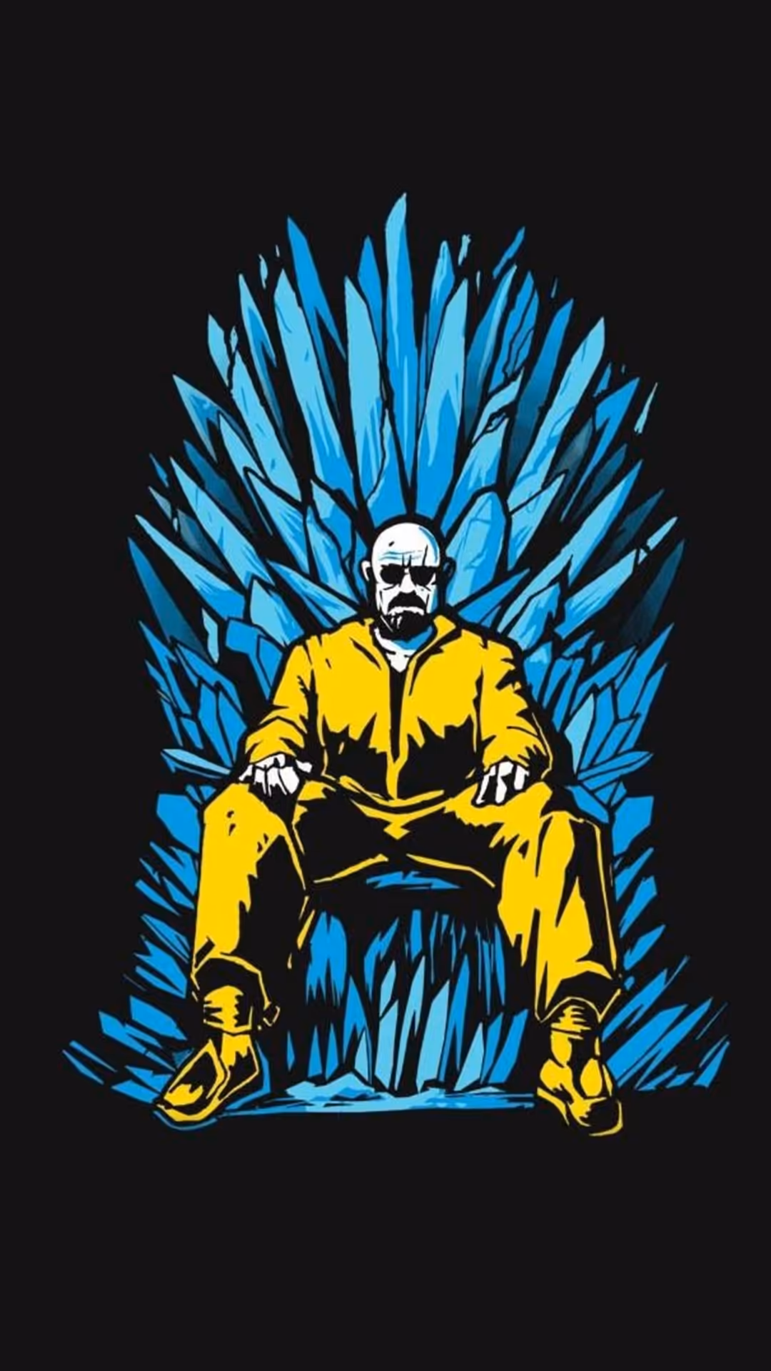 Man in yellow suit seated on blue crystalline throne against dark background, pop art style illustration