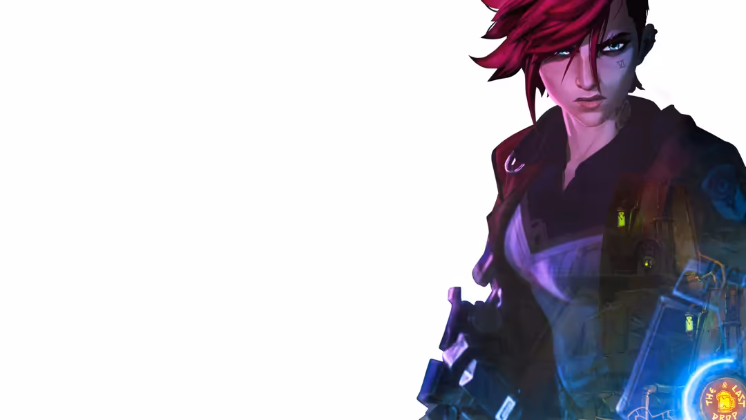 Vi from League of Legends with pink and purple neon lighting, wearing dark tactical gear with glowing gauntlets against a cyb