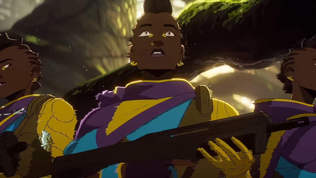Animated character Astra from Valorant with striking yellow and purple outfit, glowing eyes, holding weapon in mystical envir