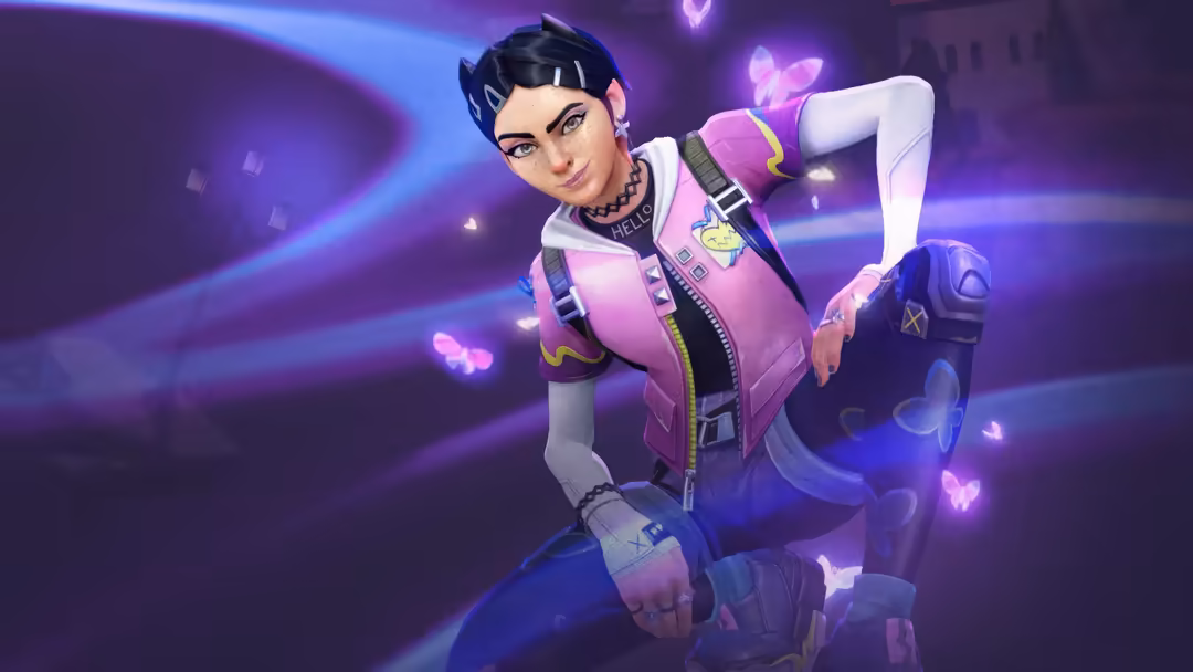 Clove Valorant agent in pink and purple tactical outfit with neon glowing effects and futuristic cyberpunk aesthetic