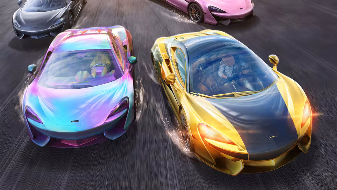 Four sleek supercars racing on asphalt with neon pink, gold, and cyan holographic paint finishes glowing in motion