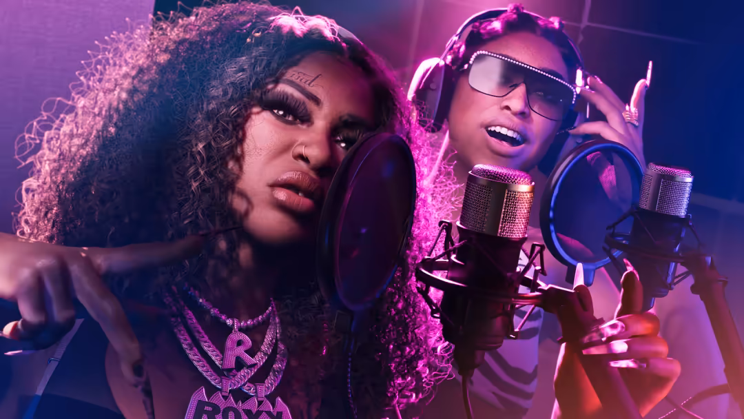 Two characters in neon-lit studio with microphones and headphones, vibrant magenta and purple lighting, hip-hop aesthetic set