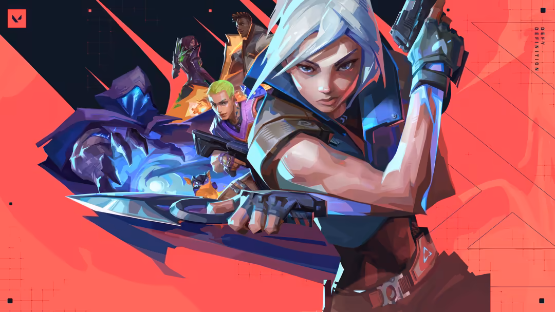 Colorful illustration of Valorant agents Jett, Gekko, and Omen in tactical combat poses with vibrant red and blue neon lighti