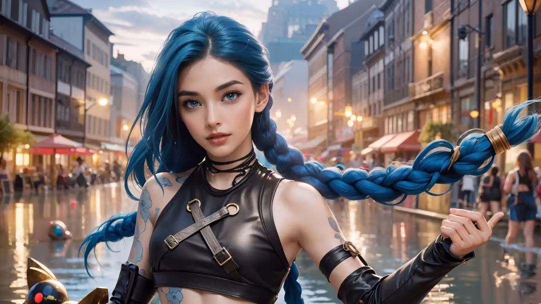 Anime-style character with striking blue hair and black outfit holding rope, standing in illuminated urban street with period