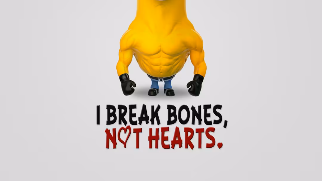 Yellow muscular cartoon character with black boxing gloves displaying motivational text saying 'I break bones, not hearts' on