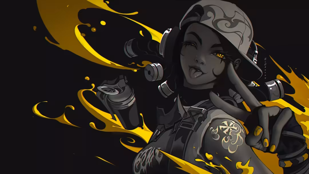 Valorant agent with dark skin and glowing yellow eyes wearing tactical gear and ornate headpiece, surrounded by flowing neon