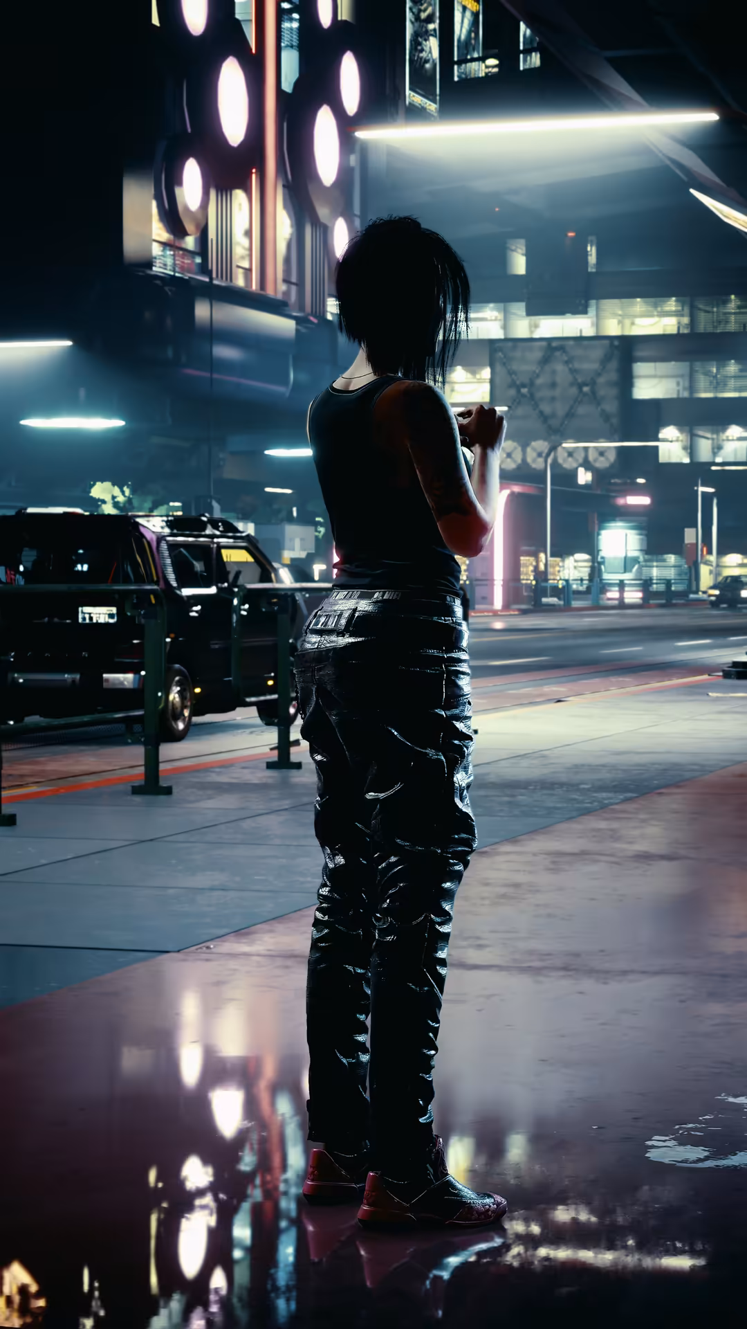 Silhouetted figure standing on wet street under glowing neon signs and bright streetlights in a futuristic cyberpunk cityscap