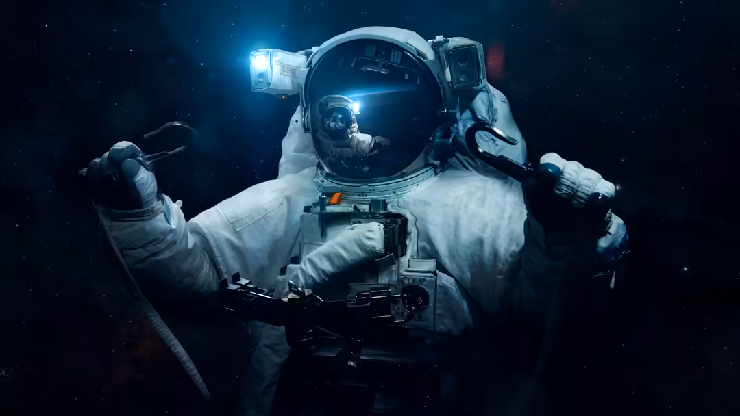 Astronaut in white spacesuit floating in deep space with bright headlamp, stars twinkling in dark cosmic background