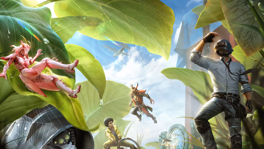 PUBG players rappelling down giant tropical leaves in a lush jungle environment with blue sky and pink flowers overhead