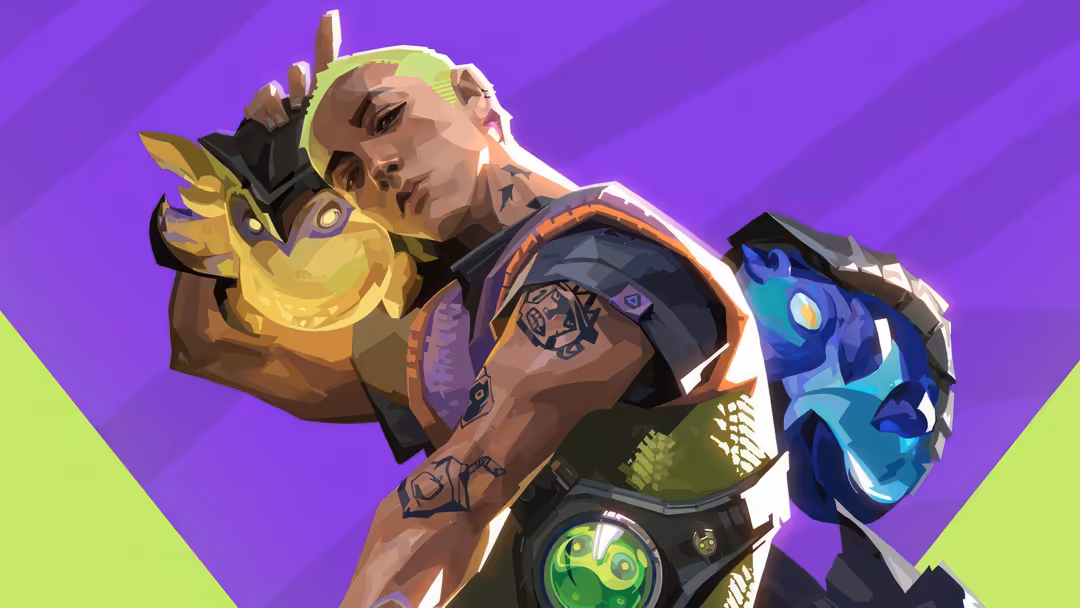 Colorful illustration of Valorant character Gekko with glowing yellow and blue magical creature pets against a vibrant purple