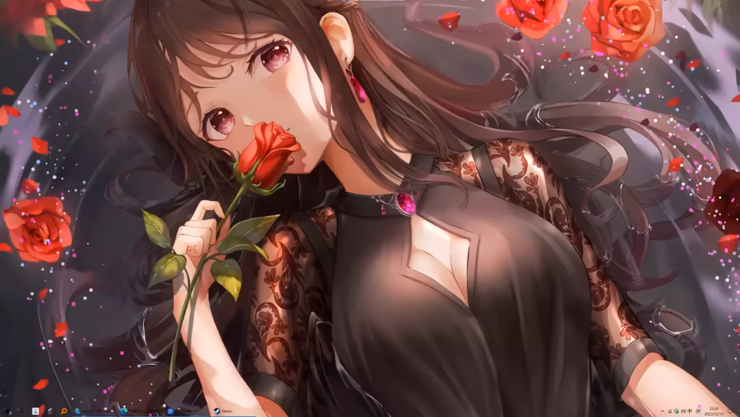 Illustrated character with long brown hair and red eyes holds a red rose, surrounded by floating red roses and magenta…