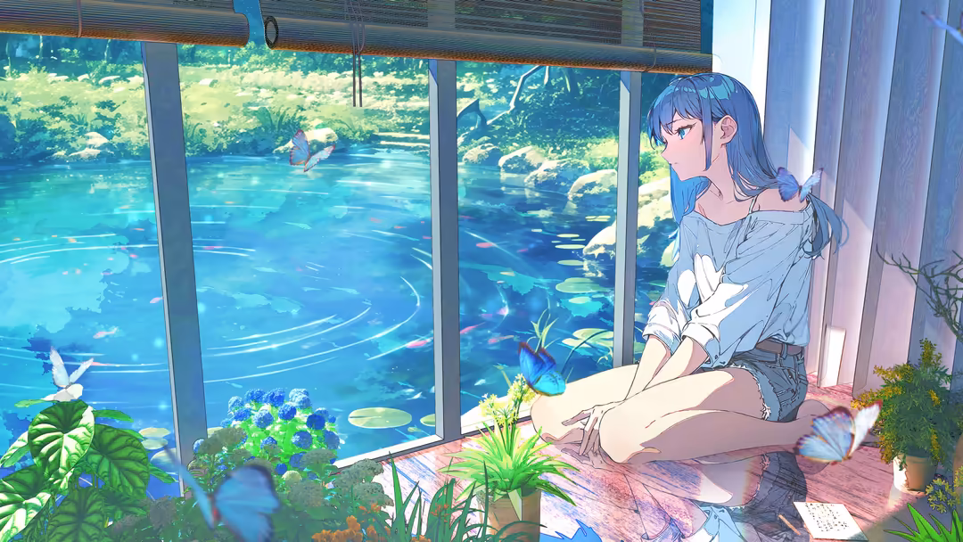 Anime girl sitting by large windows overlooking a serene turquoise pond with lush green surroundings and aquatic plants in so