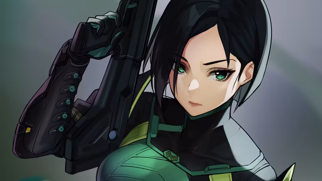 Anime-style tactical agent Viper with green eyes, black hair, wearing dark tactical gear with green accents and holding futur