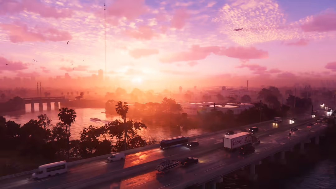 Neon pink sunset over a futuristic highway with traffic, palm trees, and glowing cityscape in the distance, cyberpunk atmosph