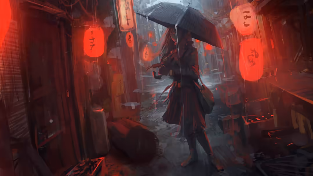 Rainy Neon Alley Umbrella Figure — horizontal neon city Full HD wallpaper