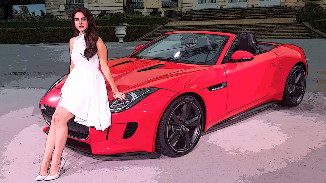 Woman in white dress posing beside a vibrant red sports convertible on a palace courtyard, classic elegant aesthetic with dar