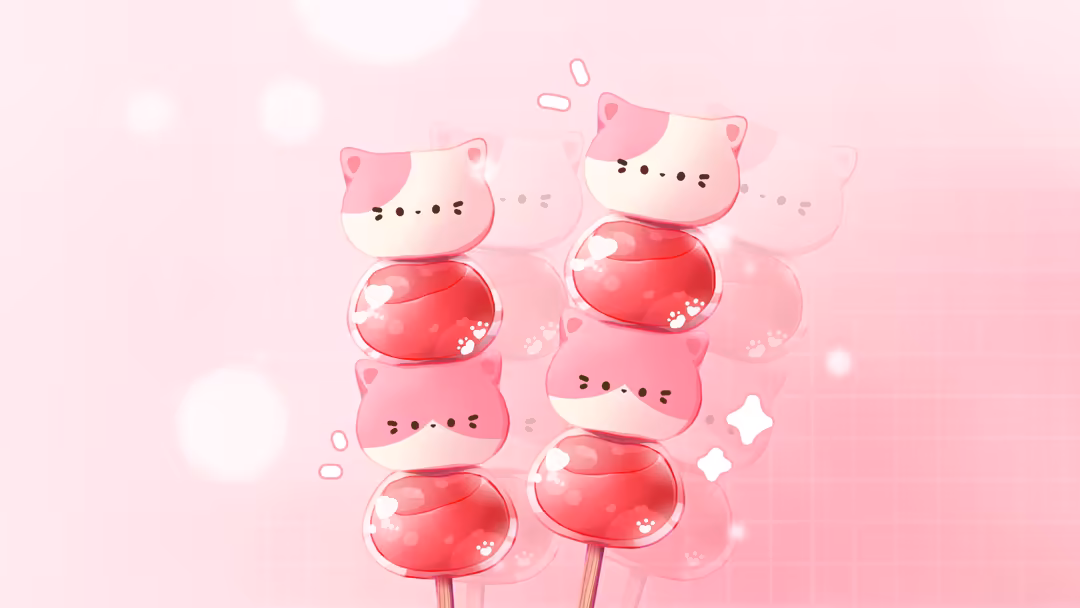 Three cute kawaii cat characters with pink and cream colored faces holding red heart-shaped lollipops on a soft pink pastel b