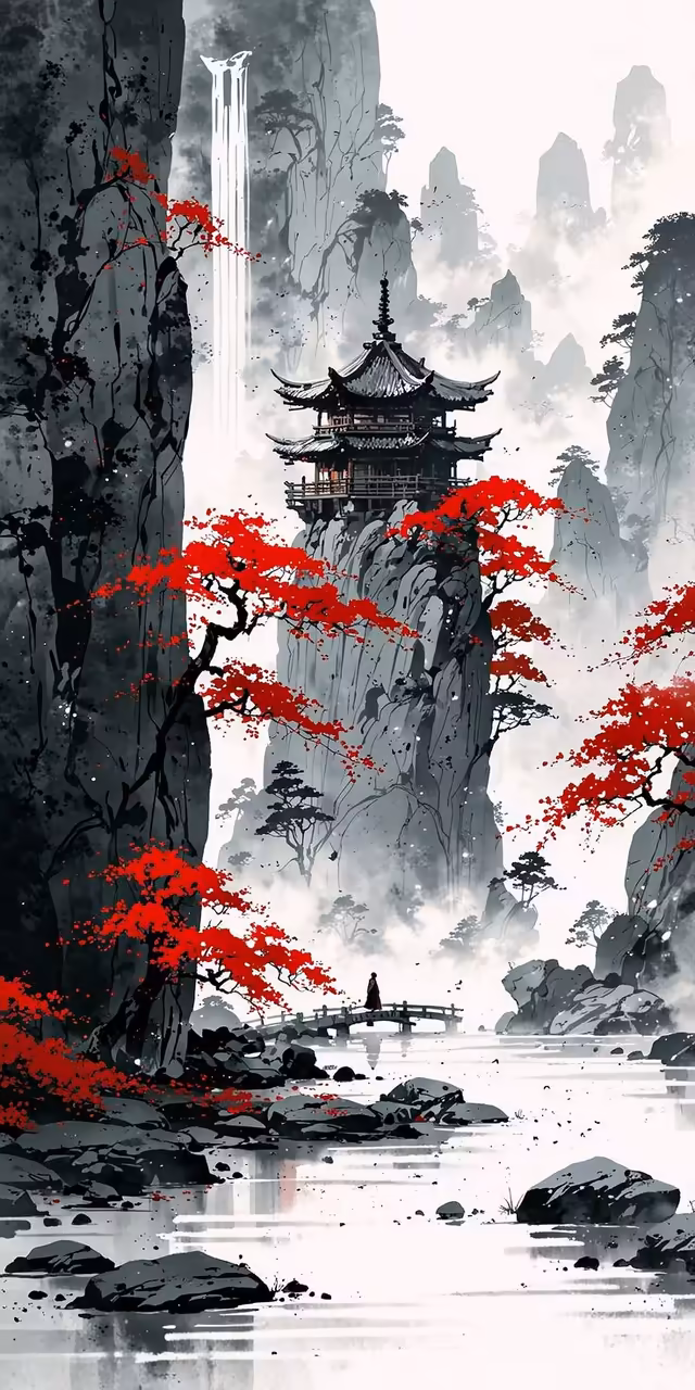 Digital ink wash illustration of a black pagoda on a mountain peak surrounded by vibrant red trees, a waterfall, and a person walking across a bridge over a river.