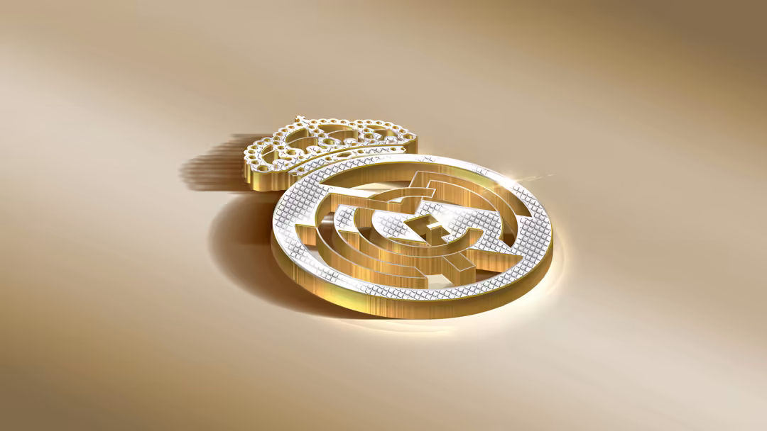 Luxury gold Real Madrid CF crest with diamond detailing and chain on beige background with shadow effects
