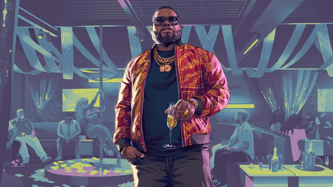 Man in red patterned jacket with sunglasses holding champagne glass in neon-lit nightclub with crowds and glowing geometric d
