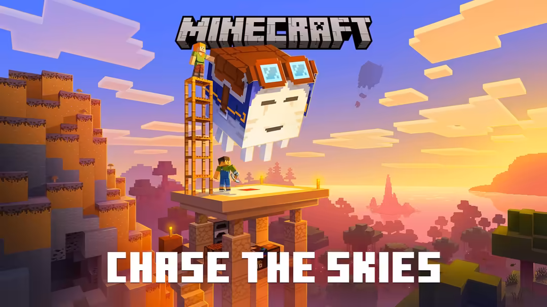 Minecraft character standing on wooden platform with giant head structure against colorful sunset sky and blocky landscape te