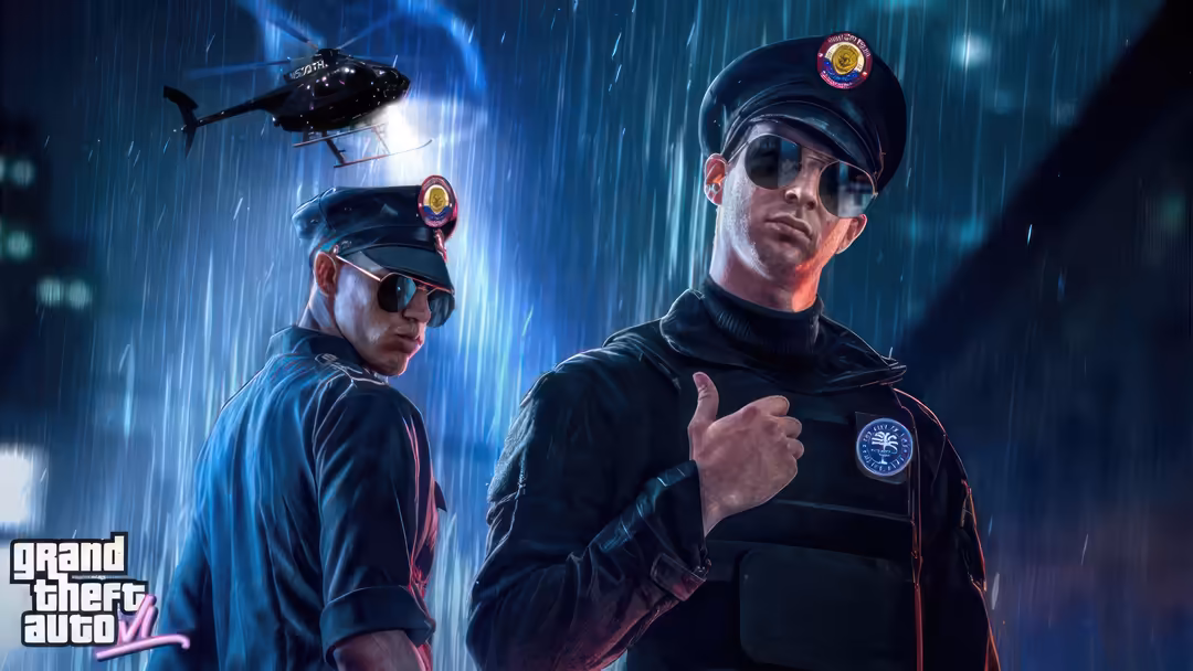 Two police officers in tactical gear with sunglasses stand in heavy rain, with a helicopter hovering above them in a neon-lit