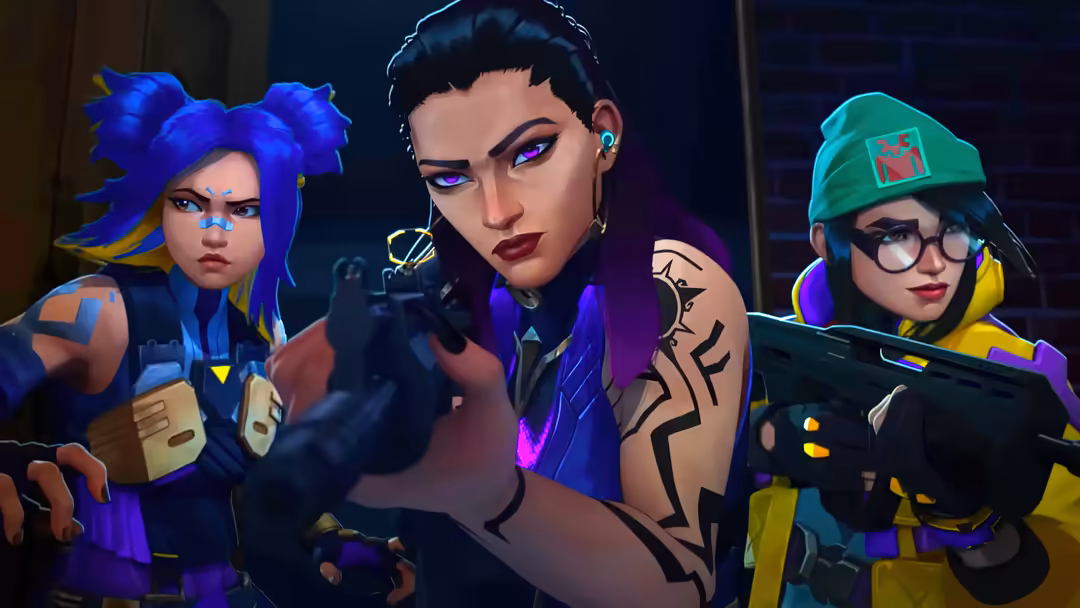 Three stylized female gaming characters in neon-lit tactical gear with blue and purple cyberpunk aesthetics, wielding weapons