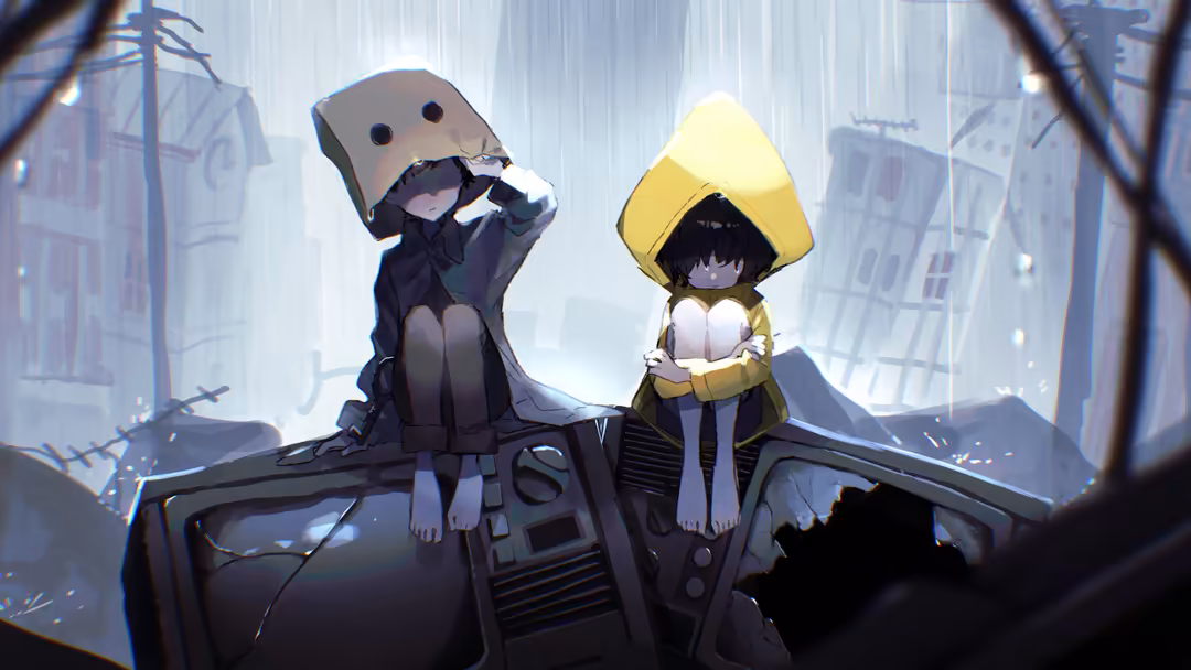 Two anime characters sitting on a rooftop in the rain, one wearing a beige hat and dark hoodie, the other in a yellow raincoa
