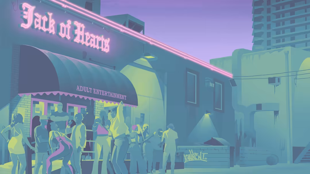 Neon pink and yellow lit street scene with crowds outside Jack of Hearts adult entertainment venue and surrounding buildings