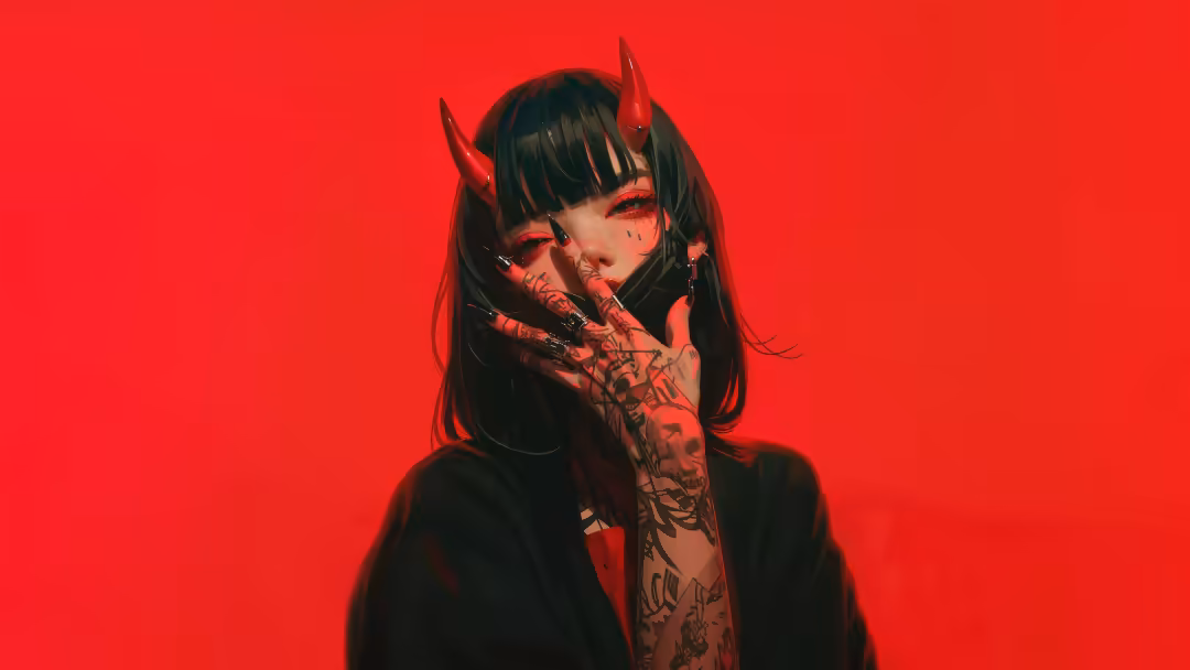 Anime girl with black hair and red demon horns wearing dark clothing against a vibrant red background, featuring dramatic red
